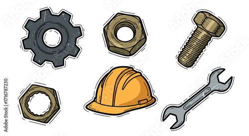 A collection of industrial tools and safety equipment including a gear nuts bolts wrench and hard hat