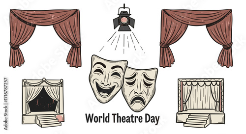 World theatre day celebrated with iconic comedy and tragedy masks and stage elements
