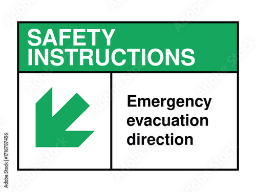 Emergency Evacuation Safety Sign – Diagonal Down-Left Arrow with Green Header and Instructional Text for Urgent Exit Guidance High-Quality Vectorial Stock Image