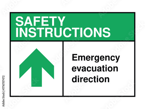 Emergency Evacuation Direction Safety Instruction Sign – Upward Arrow Icon with Green Header and Message for Public Safety Guidance High-Quality Vectorial Stock Image