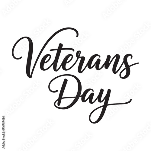Elegant black calligraphic "Veterans Day" text on a clean white background. Flowing script style with overlapping letters creates unity and honor. Minimalist, modern, commemorative design.