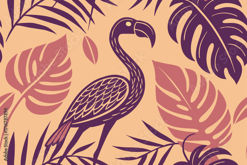 Stylish Flamingo and Tropical Leaves:  Muted Tones,  Vintage Aesthetic, Seamless Pattern Design.