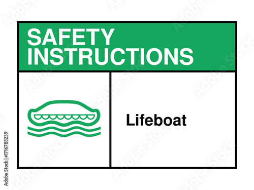 Lifeboat Safety Instruction Sign – Emergency Watercraft Icon with Green Header and Rescue Message High-Quality Vectorial Stock Image