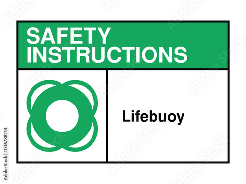 Lifebuoy Safety Instruction Sign – Water Rescue Ring Icon with Green Header and Emergency Message High-Quality Vectorial Stock Image
