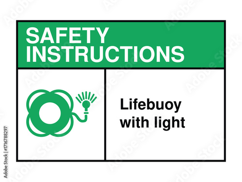 Lifebuoy with Light Safety Instruction Sign – Water Rescue Ring Icon with Green Header and Enhanced Visibility Message High-Quality Vectorial Stock Image