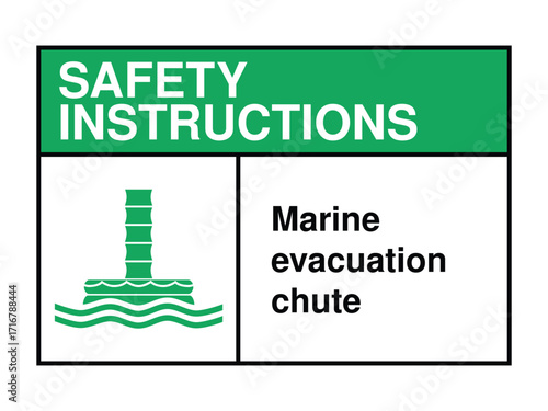 Marine Evacuation Chute Safety Instruction Sign – Sea Descent Icon with Green Header and Emergency Deployment Message High-Quality Vectorial Stock Image