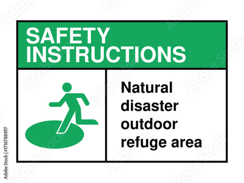 Natural Disaster Outdoor Refuge Area Safety Sign – Emergency Assembly Icon with Green Header and Evacuation Message High-Quality Vectorial Stock Image