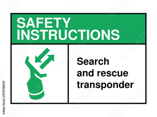 Search and Rescue Transponder Safety Instruction Sign – Emergency Locator Icon with Green Header and Maritime Signal Message High-Quality Vectorial Stock Image