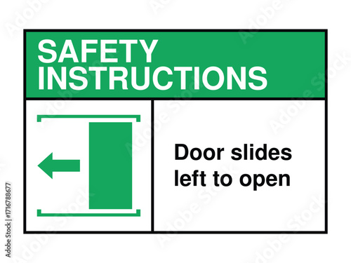 Sliding Door Safety Instruction Sign – Leftward Arrow Icon with Green Header and Message for Public Access Guidance High-Quality Vectorial Stock Image