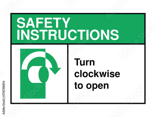 Turn Clockwise to Open Safety Instruction Sign – Manual Access Icon with Green Header and Directional Operation Message High-Quality Vectorial Stock Image