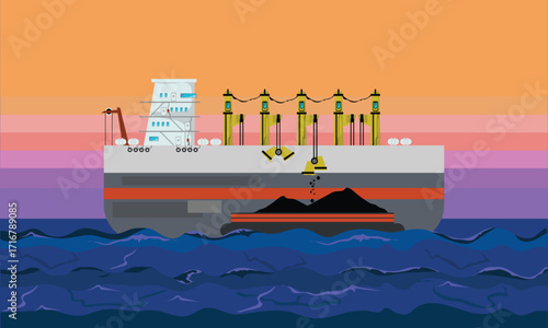 Vector illustration of a cargo ship unloading coal at port during sunset with gradient background.