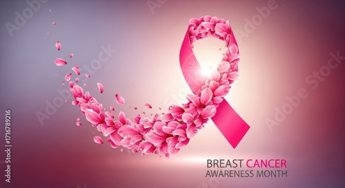 Pink ribbon symbol formed from delicate flower petals with fresh water drops. Bright light shines on this glowing emblem representing breast cancer awareness month.