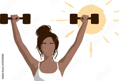 a silhouette of a woman lifting two dumbbells against a bright sun background