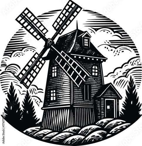 Windmill Silhouette Drawing