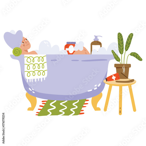 Bathtub Vector Illustration. Flat Minimal Design. Editable Illustration for Web, Mobile, Print
