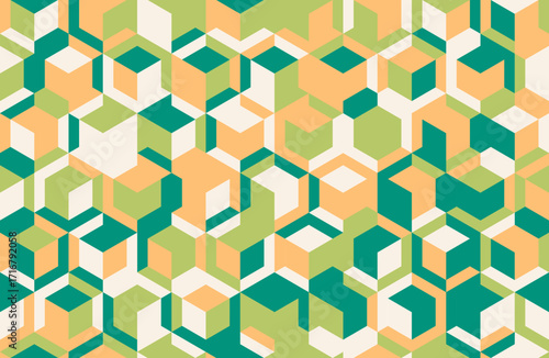 Abstract geometric pattern featuring a vibrant array of interlocking cubes in teal, peach, lime, and offwhite.  Ideal for modern design projects, backgrounds, textiles, and website visuals.