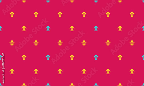 Vibrant repeating pattern of colorful fleurdelis on a bold pink background.  Perfect for textile design, website backgrounds, or celebratory projects.