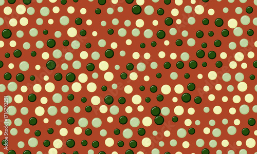 Abstract festive pattern with scattered circles in red, green, and beige.  Perfect for backgrounds, textiles, or wrapping paper.