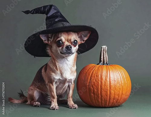 Chihuaha in Black Hat next to Orange Pumpkin AI