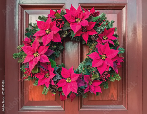 Red Poinsettia Wreath on Panel Front Door AI