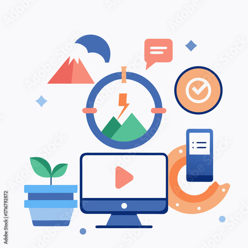Digital marketing and content creation concept with computer, plant, and icons Keywords: digital marketing, content creation, computer, monitor, play