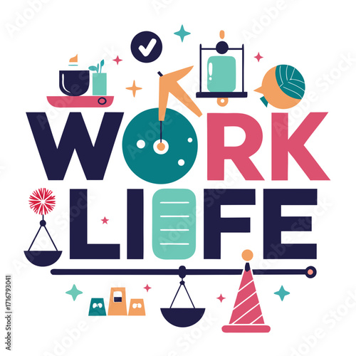 Work life balance concept with scales and icons representing work and leisure Keywords: work life balance, scales, work, life, leisure, icons