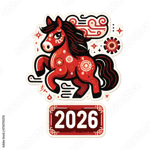 Red horse Illustration in chine style with text 2026, postcard, poster and sticker design on white background
