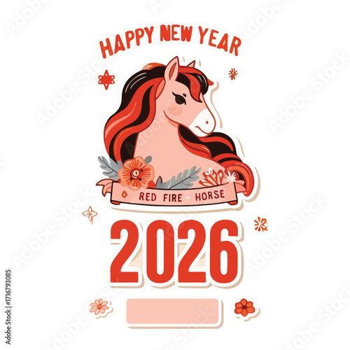 Illustration of cute pink fiery horse postcard, poster and sticker for New Year 2026 on white background