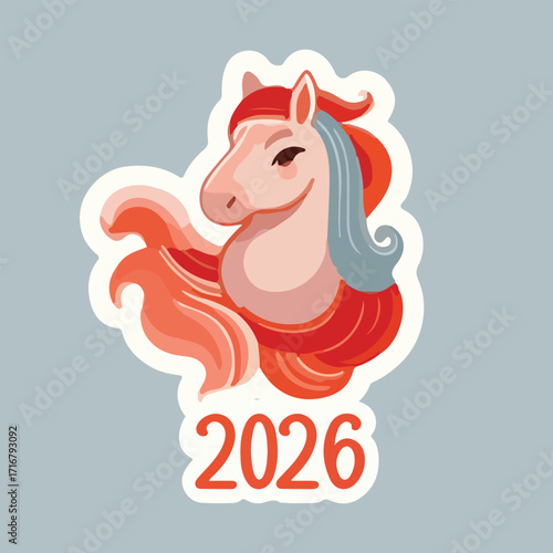 Illustration of cute pink colorful horse head with 2026 text on gray background