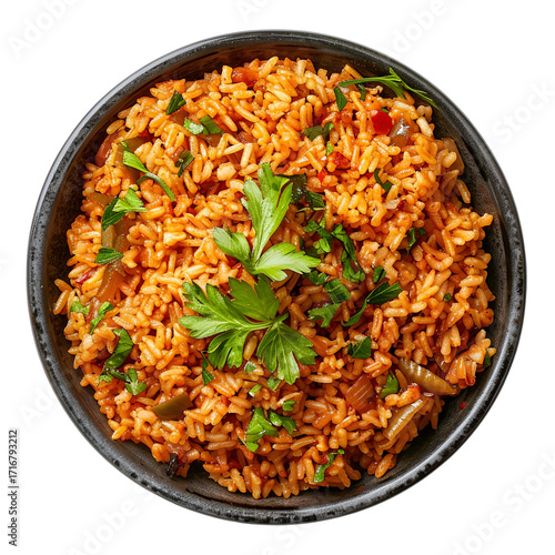 Bowl of Savory Spanish Rice with Parsley Garnish food