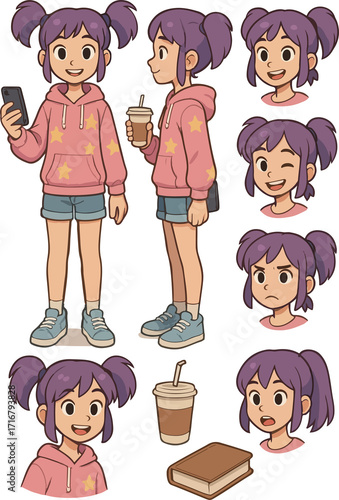 Cheerful cartoon girl with coffee and phone shows modern lifestyle poses and emotions, perfect for character design and animation projects, so unique!