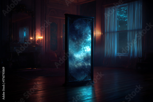 an antique mirror, over two meters tall, stands in a victorian room at night, its blackened copper frame adorned with celtic and art nouveau engravings lit by moonlight and the dying fireplace, its