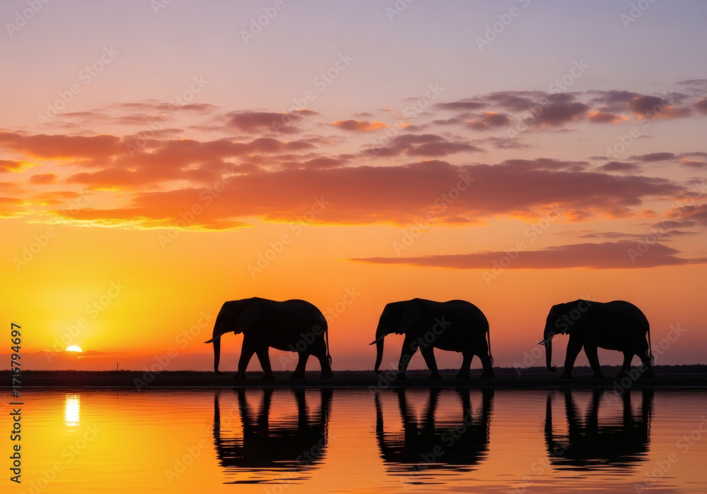 Fototapeta premium Éléphants coucher de soleil