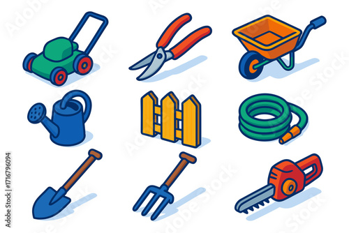 isometric gardening tools icons , lawn mower, pruners, wheelbarrow, watering can, fence, hose, shovel, fork, chainsaw