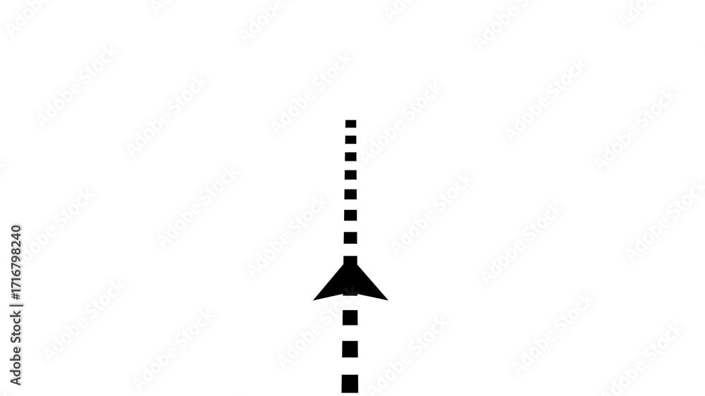 3D route navigation animation with arrow following straight dashed line ...