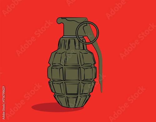 Grenade on red background symbolizing military conflict and danger