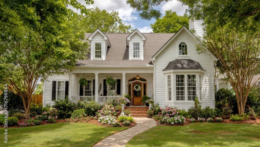 Obraz premium White house with porch and landscaping. Spacious, charming home with manicured front yard, lush greenery, and colorful flowers. Classic architecture and inviting curb appeal