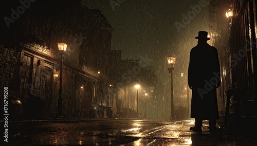 Rainy Night, Victorian Street, Man Silhouette, Gaslights, Mystery