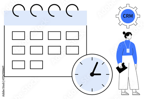 Calendar with a clock, gear labeled CRM, and woman holding a folder. Ideal for planning, scheduling, time, organization, CRM productivity workflow. Represents simple flat metaphor