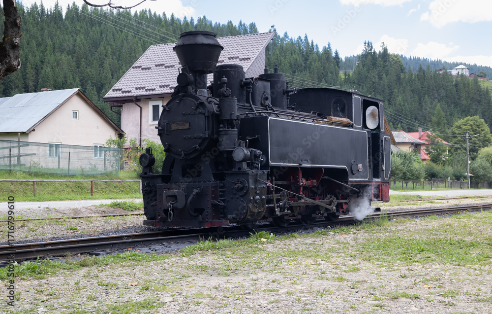 Obraz premium vintage steam locomotive from the Mocănița narrow-gauge railway in Romania, gently moving along the tracks through a scenic rural landscape with forested hills and houses in the background