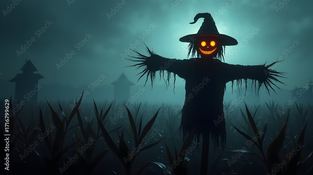 Fototapeta premium Animated style scarecrow in a haunted cornfield misty night Halloween vibe