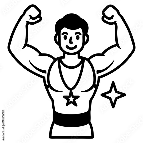 Strong man flexing muscles with medal and star icons  