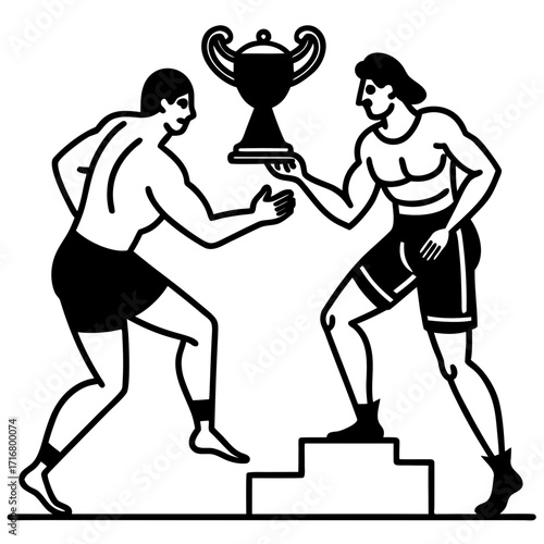 Two male athletes exchanging a trophy on a podium, concept of icons  