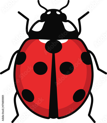 A vibrant pixel art illustration of a ladybug, featuring a red body with black spots, black head, and thin legs. This digital artwork is suitable for various creative projects.