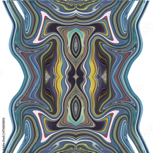 Colorful abstract symmetrical artwork with vertical mirrored design in purple, teal, yellow, and pink, forming futuristic and surreal art texture.