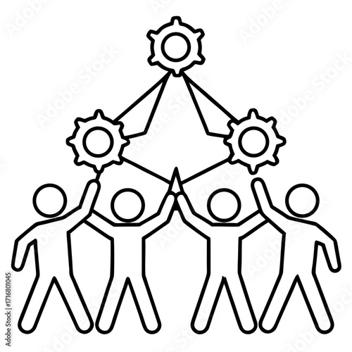 Teamwork symbols with people holding gears in a collaborative design  