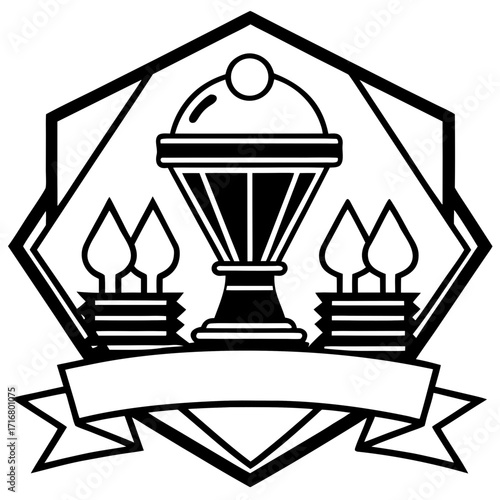 Trophy emblem design with decorative elements and blank ribbon  