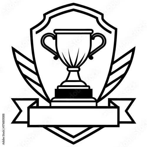 Trophy icon in shield with decorative wings and blank banner  