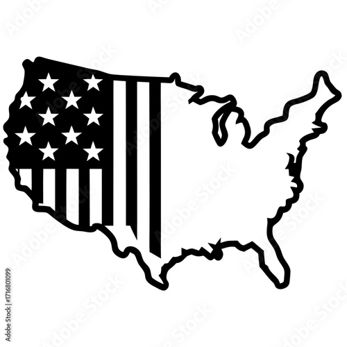 Black and white outline of USA shaped like American flag icons  