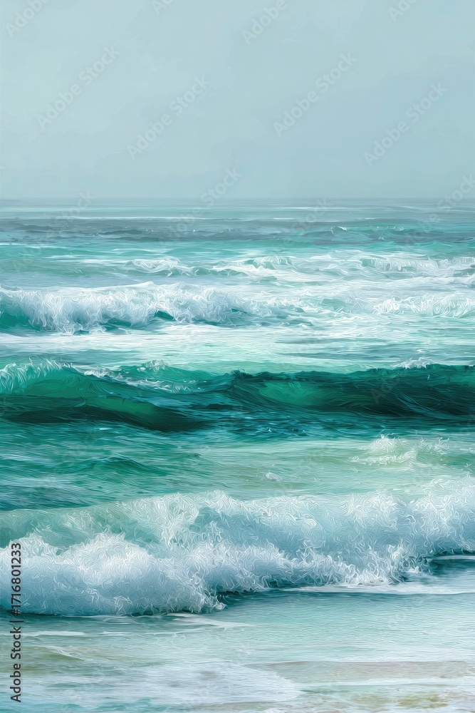 Fototapeta premium Ocean waves crashing on sandy beach, misty sky background, coastal decor